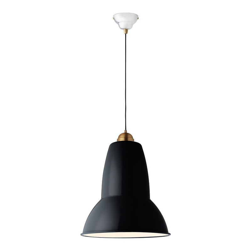 Black pendant lamp with a smooth finish and gold accents, featuring a classic bell shape and white ceiling mount.