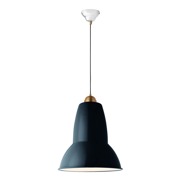 Navy blue metal pendant lamp with a sleek, modern design and a gold-tone accent. Perfect for contemporary interiors.