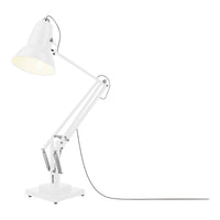 Modern white desk lamp with a sleek design and adjustable arms, featuring a minimalist style and clean lines.