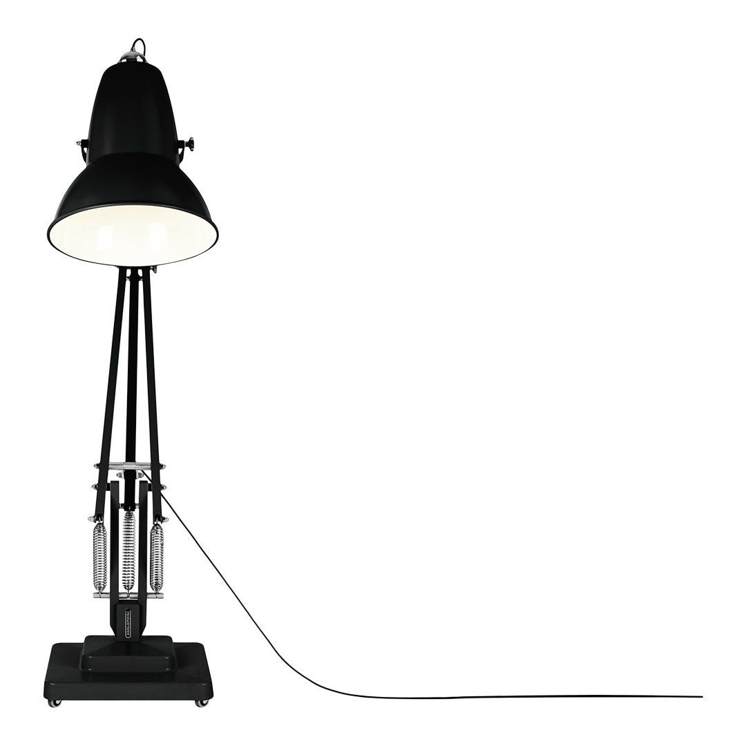 Black industrial-style floor lamp with a sleek shade and minimalistic design. Ideal for modern interiors.