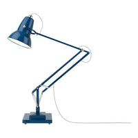 Blue desk lamp with a sleek, modern design and metallic finish, featuring articulated arms and a minimalist base.