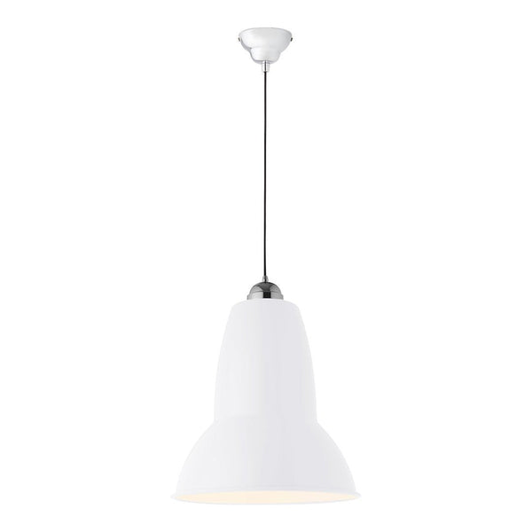 White bell-shaped pendant lamp with a smooth finish, featuring a polished chrome accent. Ideal for modern decor.