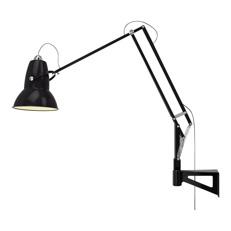 Black industrial wall lamp with adjustable arm and yellow interior, featuring a sleek minimalist design.