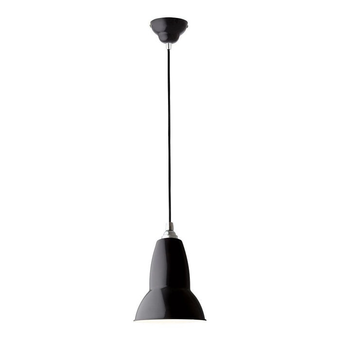 Black pendant lamp with a sleek, modern design and glossy finish, hanging from a black cord. Perfect for contemporary decor.
