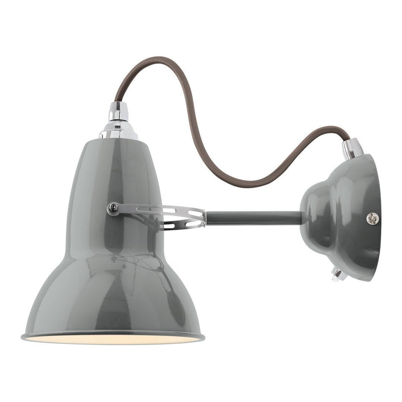Gray metal wall lamp with a sleek finish and brown cord design, featuring a modern industrial style.