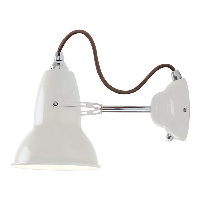 White wall lamp with a sleek chrome arm and brown twisted cord, featuring a modern industrial design.