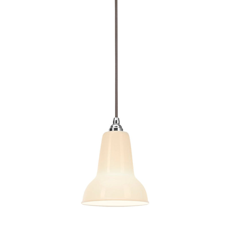 "White ceramic pendant lamp with a smooth, glossy finish and a chrome accent for a modern touch."