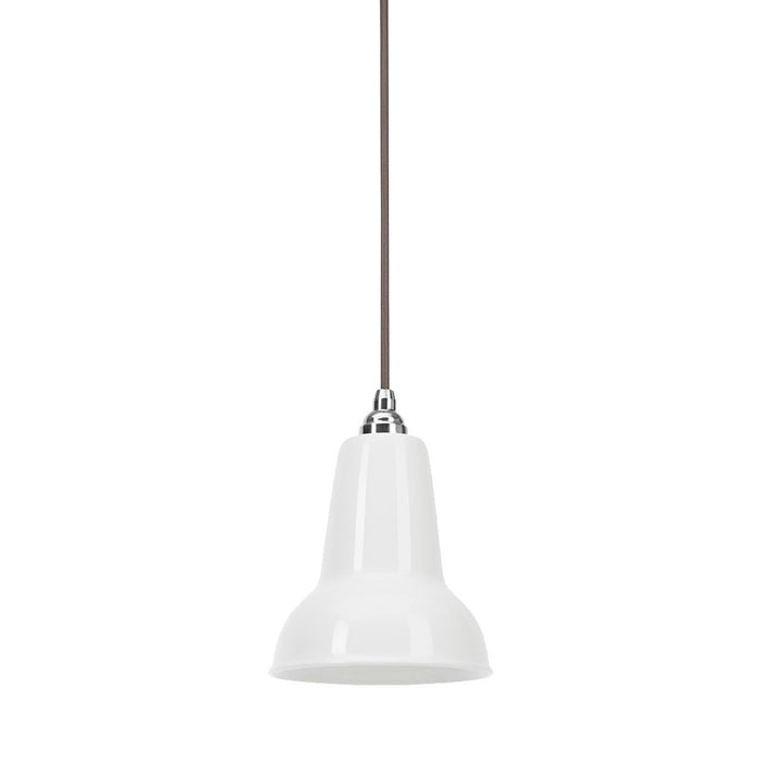 White bell-shaped pendant light with a sleek chrome finish, featuring a smooth, glossy surface.
