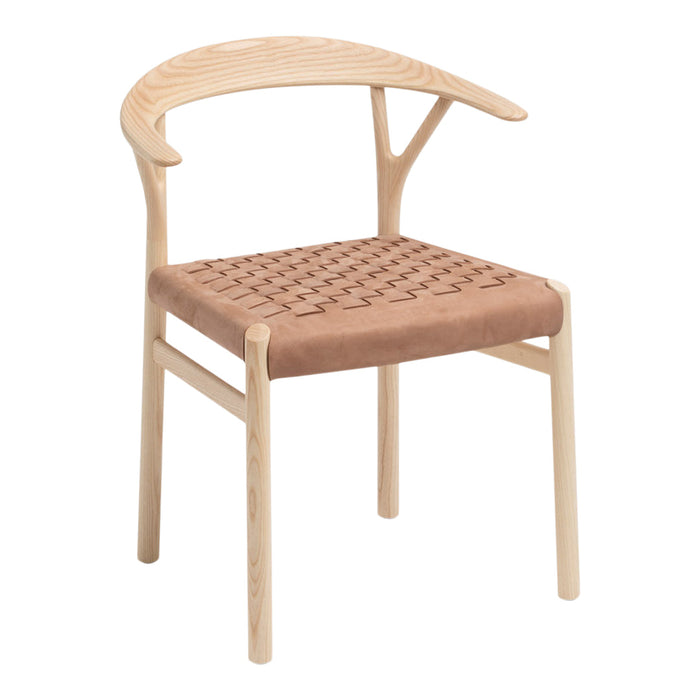 Natural wood chair with a honey-toned finish and a woven tan seat pattern, creating a stylish, modern look.