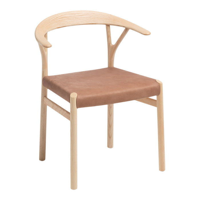 Natural wood chair with a light beige finish and a warm brown upholstered seat. Simple, modern design.