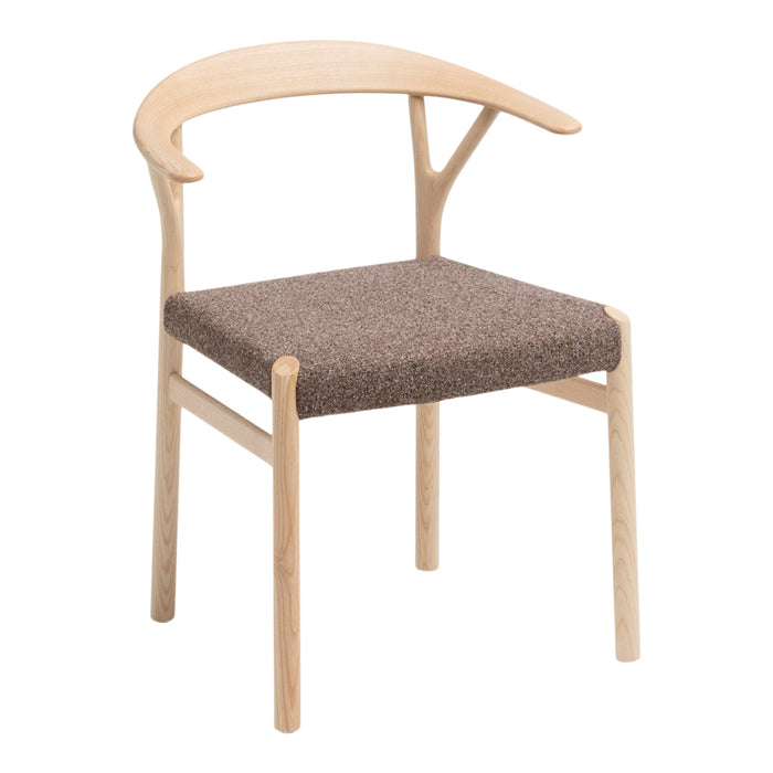 Light wood chair with a curved backrest and a textured brown fabric seat. Minimalist design complements any decor.