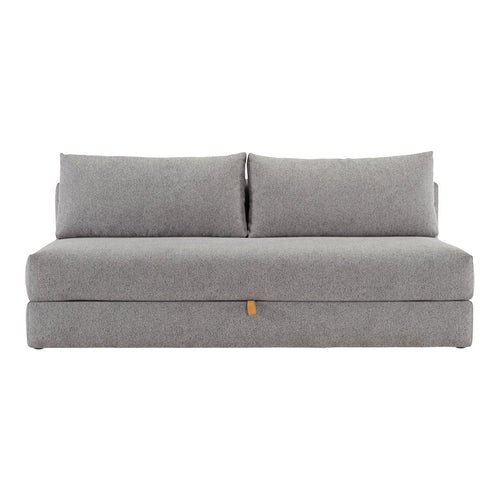Gray two-seater sofa with smooth fabric and clean lines, featuring subtle texture and contemporary style.