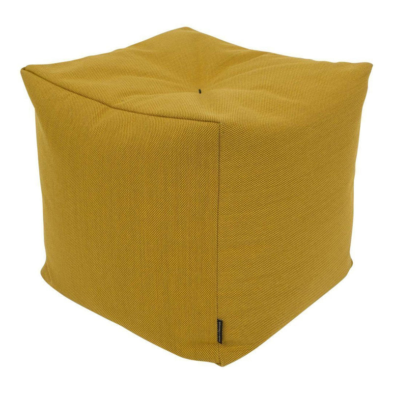 Mustard yellow textured cube pouf with a modern, minimalist design. Perfect for stylish home decor.