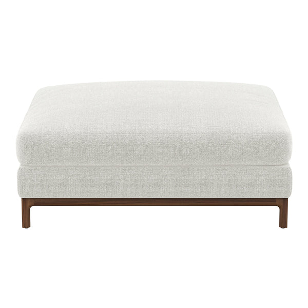 Light gray upholstered ottoman with a smooth, textured finish and a sleek wooden base. Ideal for modern decor.
