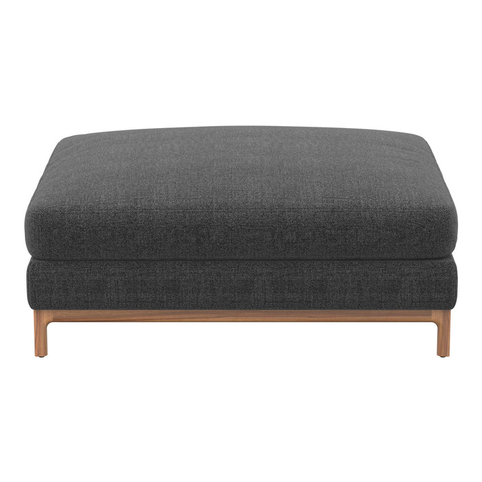 Dark gray upholstered ottoman with a smooth texture and wooden legs, perfect for modern living spaces.