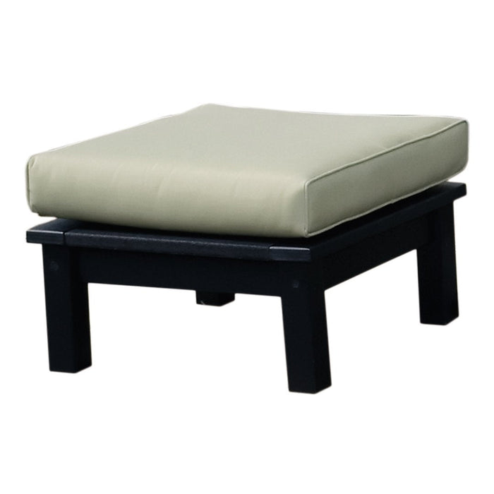 Neutral beige cushion on a sleek black wooden frame, perfect for modern outdoor or indoor decor.