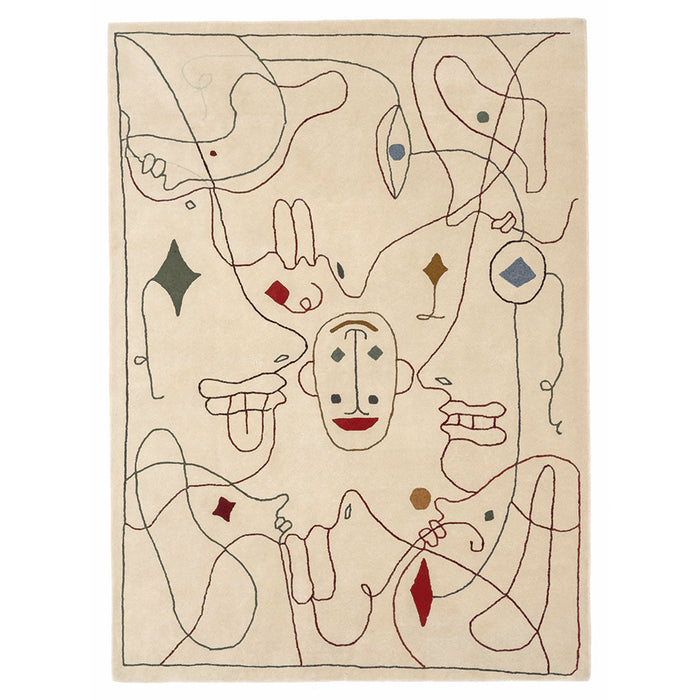 Abstract cream rug with colorful lines, faces, and geometric patterns in red, green, and blue. Ideal for modern decor.