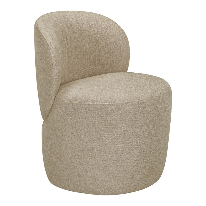 Beige upholstered chair with a smooth, curved design and subtle texture perfect for modern interiors.