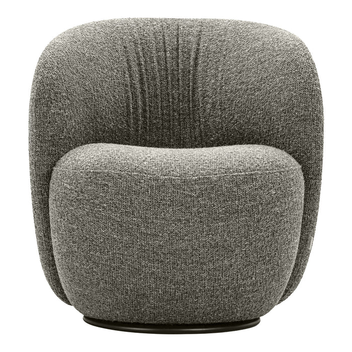 Gray textured armchair with a rounded design and subtle vertical pleats for added dimension. Ideal for modern decor.