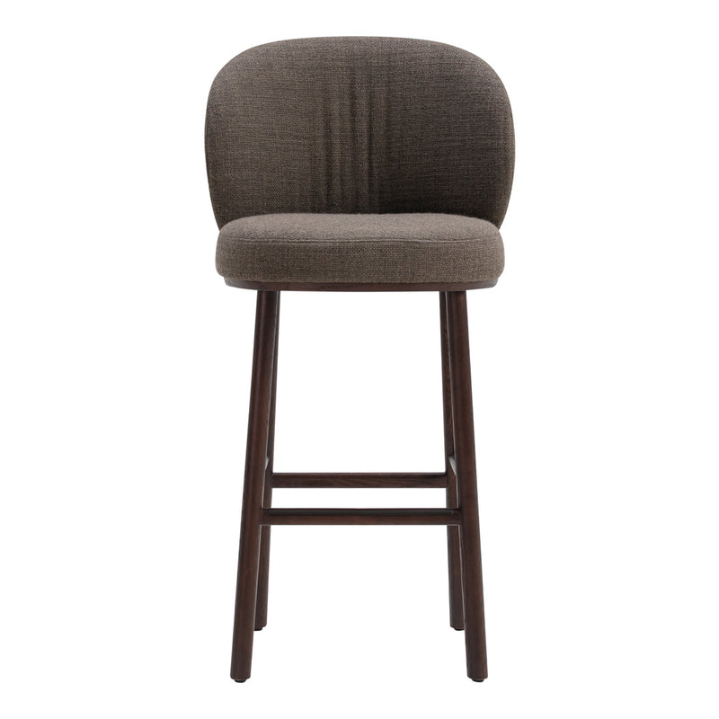 Brown upholstered bar stool with a smooth fabric pattern and wooden legs. 