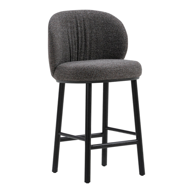 Gray upholstered bar stool with a curved back and black wooden legs, featuring subtle textured patterns.