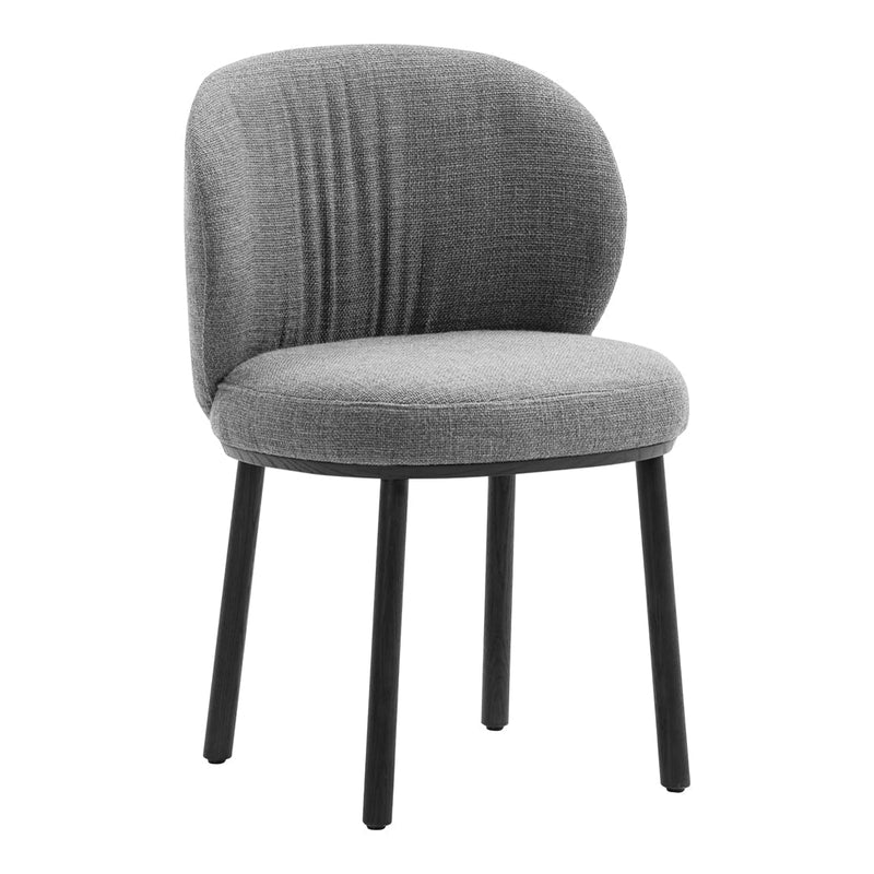 Gray upholstered chair with a rounded back and vertical ribbed pattern, featuring black wooden legs.