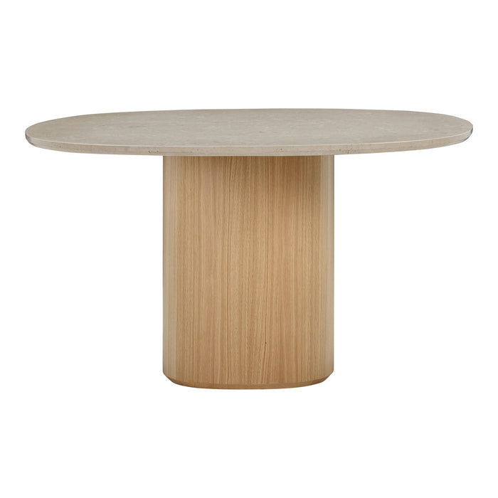 Round table with a smooth, light gray top and a cylindrical, natural wood base featuring vertical grain patterns.
