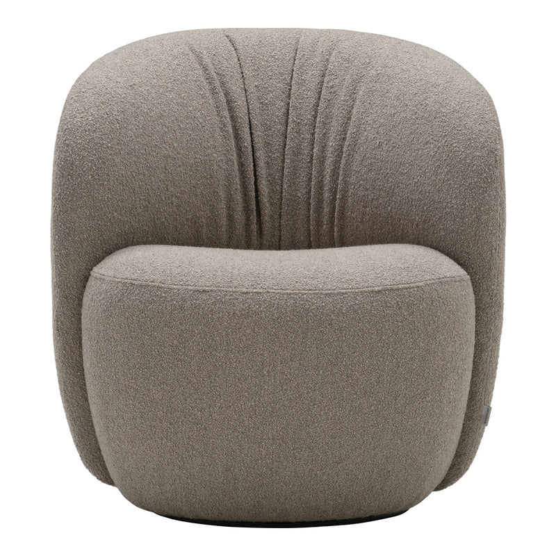 Beige textured armchair with soft, rounded shape and subtle vertical stitching pattern. Perfect for modern decor.