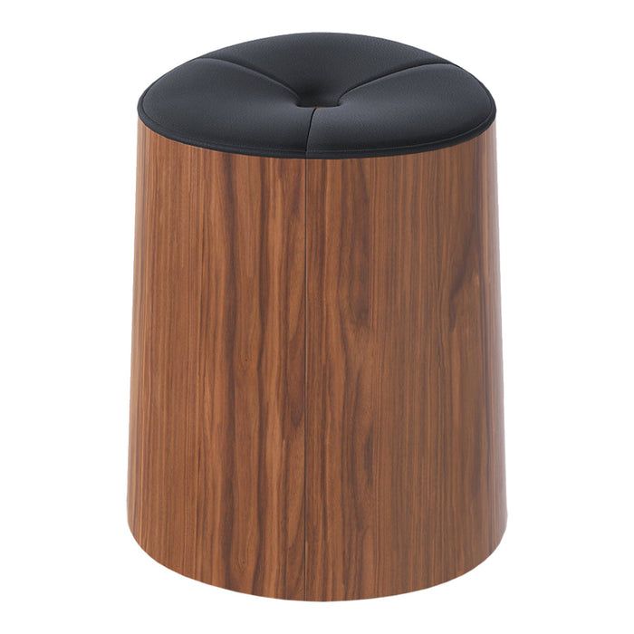 Round wooden stool with a sleek, walnut finish and a black cushioned top, featuring a classic tufted design.