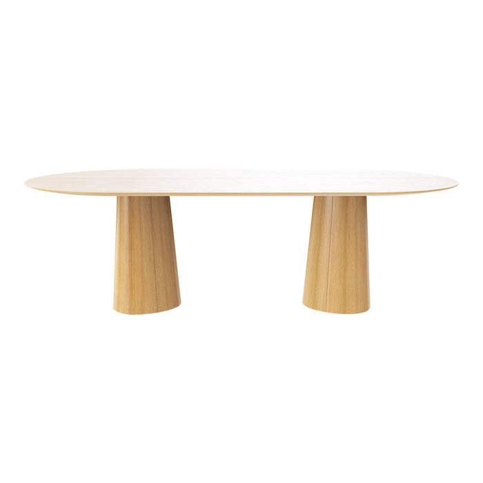 Light wood oval table with smooth, natural finish and tapered legs, showcasing warm beige and cream tones.