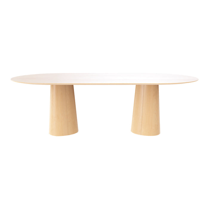 Light wood oval dining table with smooth, natural finish and rounded, tapered legs. Ideal for minimalistic decor.
