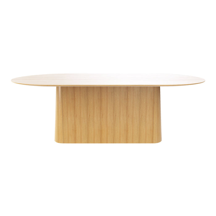 Natural wood oval dining table with a light beige finish and subtle vertical grain pattern.