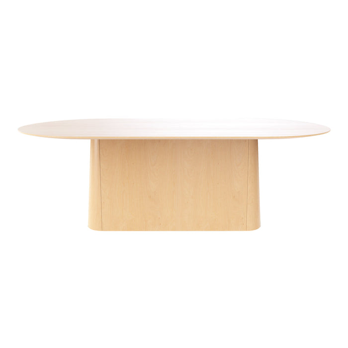 Light wood oval dining table with a smooth, natural finish and seamless edges, perfect for modern interiors.