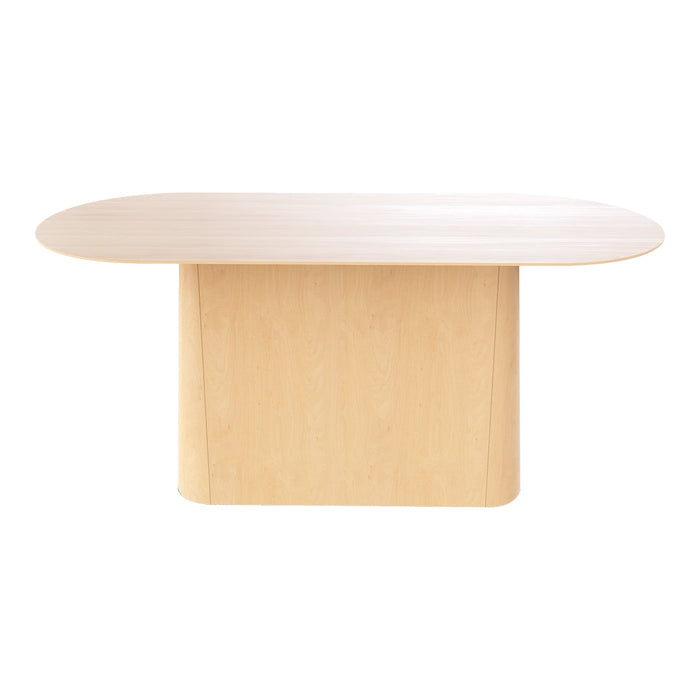 Light wood dining table with a smooth beige finish and minimalist oval shape, perfect for modern decor.