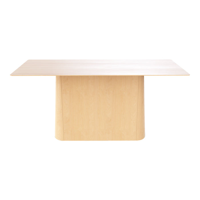 Light wood dining table with a smooth finish and simple, modern design, featuring subtle grain patterns on the surface.