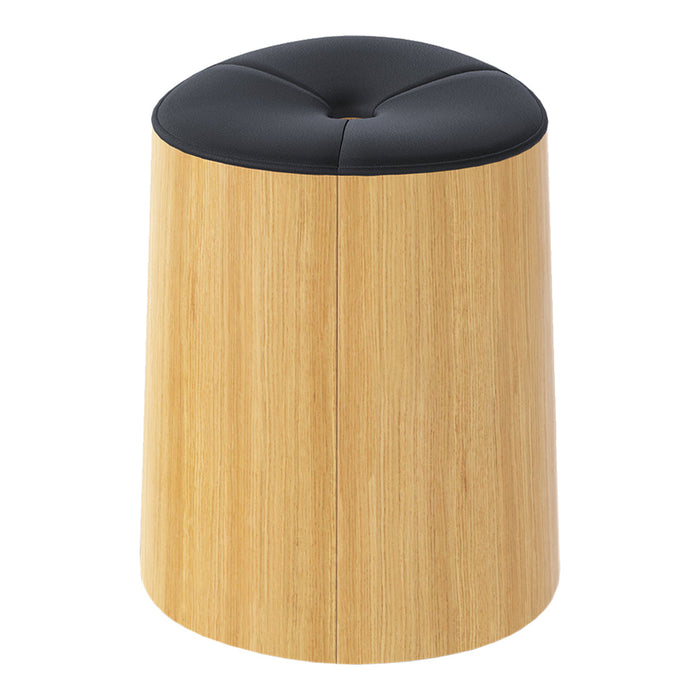 Bamboo stool with a sleek black top and natural wood grain pattern, perfect for modern decor.