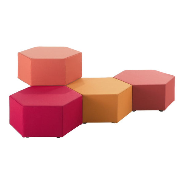 Hexagon-shaped ottomans in shades of pink, coral, and orange with a modern, vibrant pattern.
