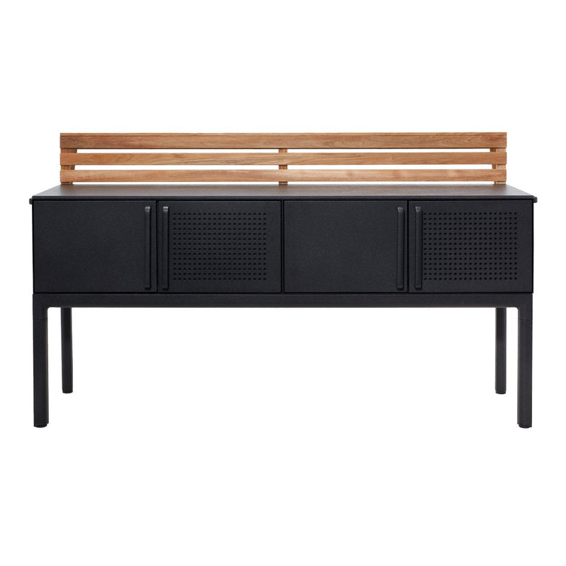 Black storage bench with a slatted wood back, featuring a sleek design and textured panel patterns. Perfect for modern decor.