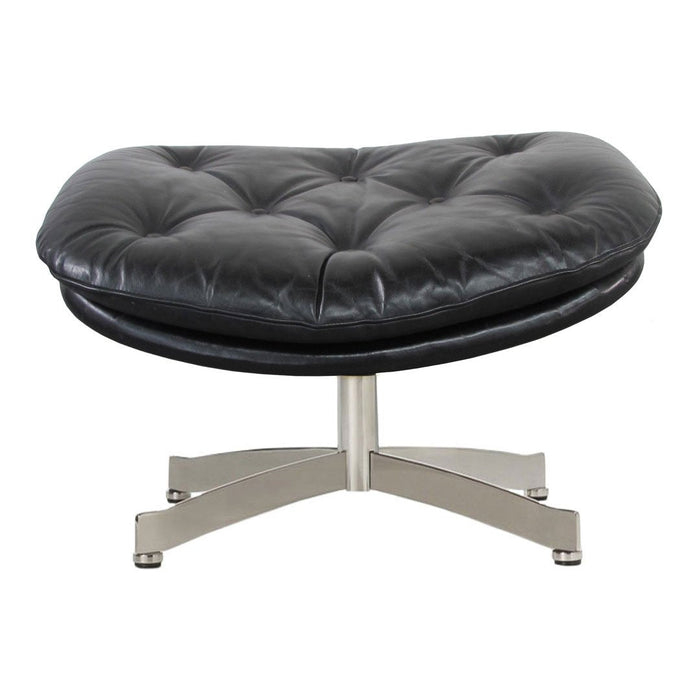 Black tufted leather ottoman with a sleek chrome base, featuring a unique kidney-shaped design for modern decor.
