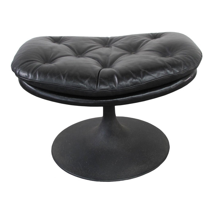 Black tufted leather ottoman with a sleek round base, featuring a modern design and soft, smooth texture.