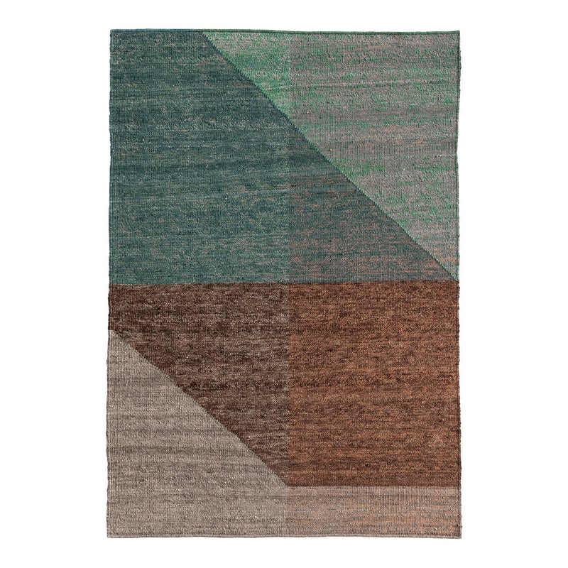 Multicolored area rug featuring geometric patterns in teal, green, brown, and beige tones. Perfect for modern decor.