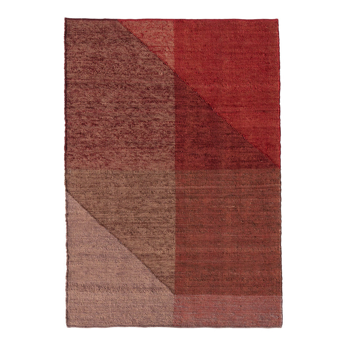 Textured area rug featuring rich red and earthy brown geometric patterns. Ideal for warm, stylish decor.
