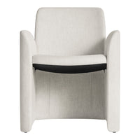 Cream-colored armchair with a sleek black seat band, featuring a minimalistic texture pattern.
