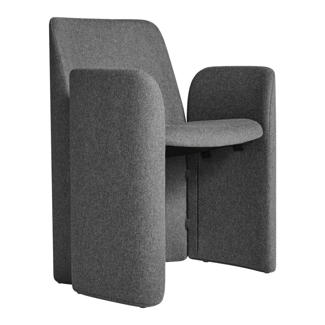 Gray upholstered chair with a smooth texture and minimalist design, featuring solid gray tones throughout.