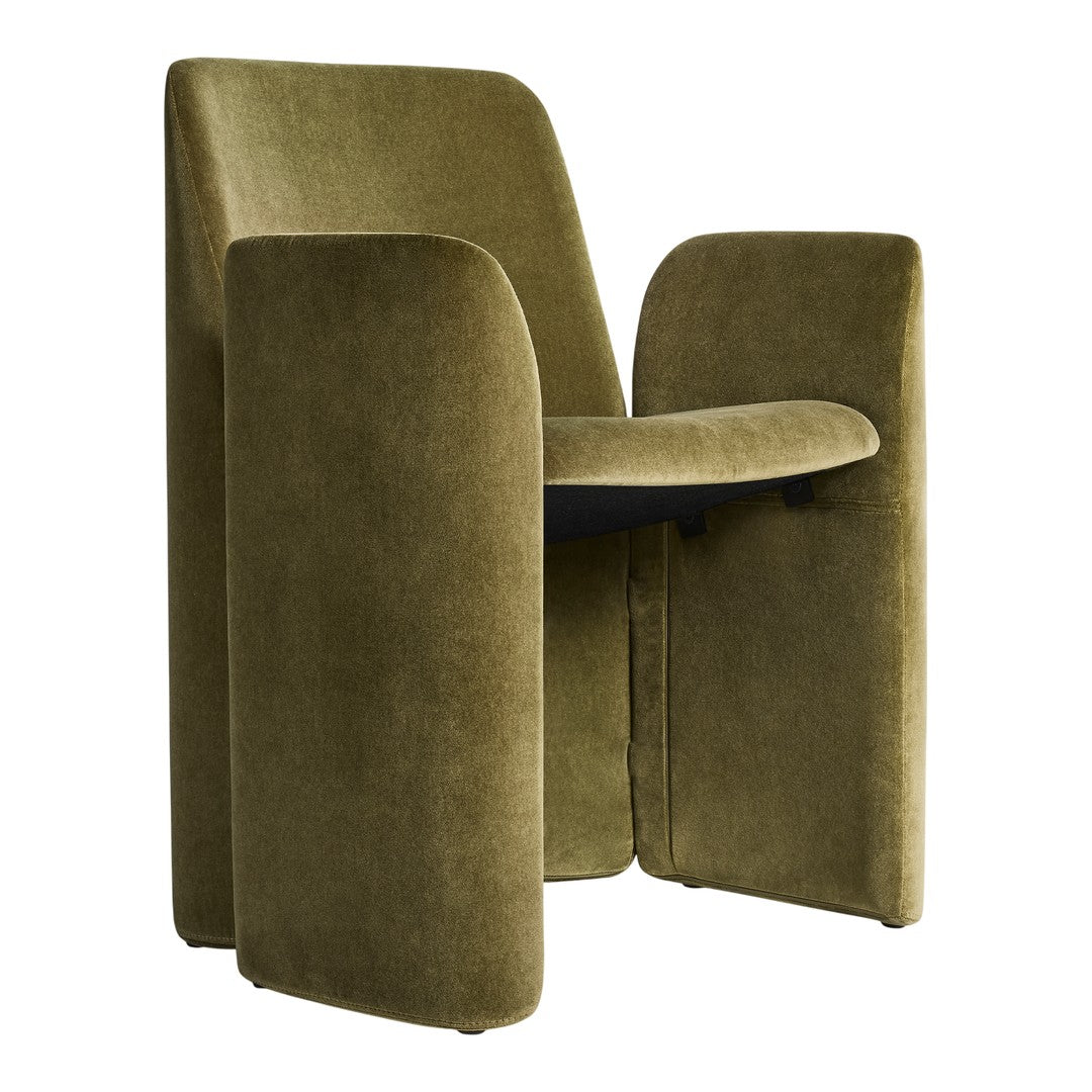 Olive green velvet chair with minimalist design and soft, smooth texture. Perfect for modern decor.