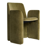 Olive green velvet chair with minimalist design and soft, smooth texture. Perfect for modern decor.