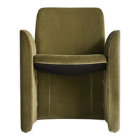 Olive green velvet armchair with contrasting black seat cushion and smooth, modern lines, perfect for stylish decor.