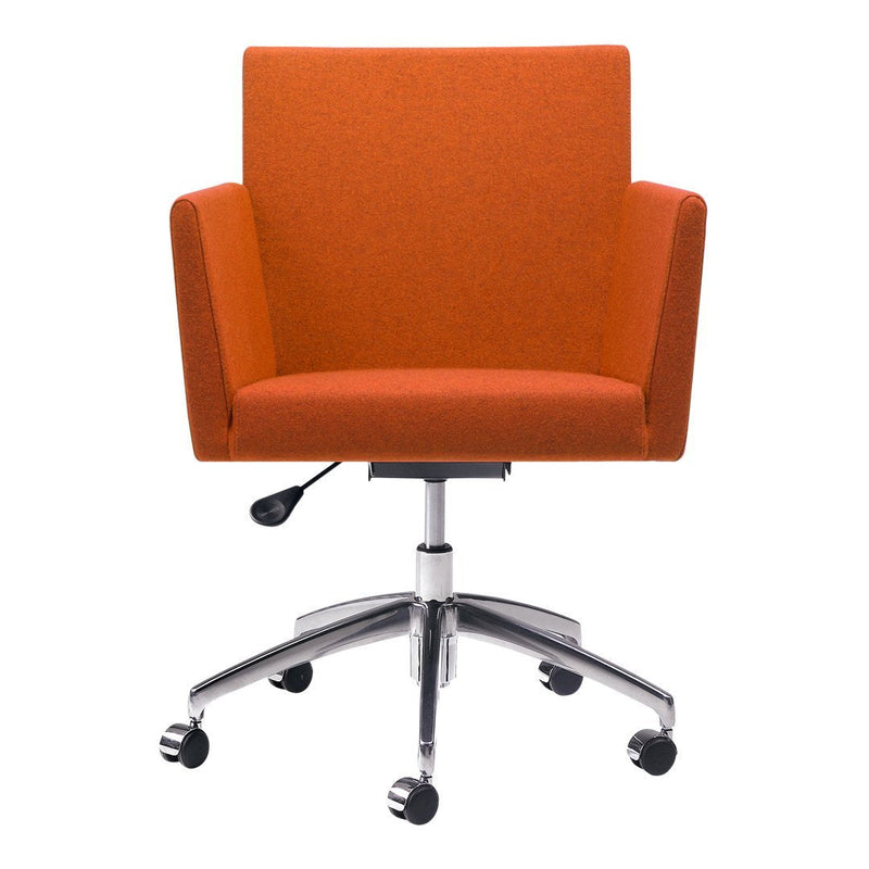 "Modern ergonomic desk chair in vibrant orange upholstery with sleek silver base and smooth-rolling wheels."