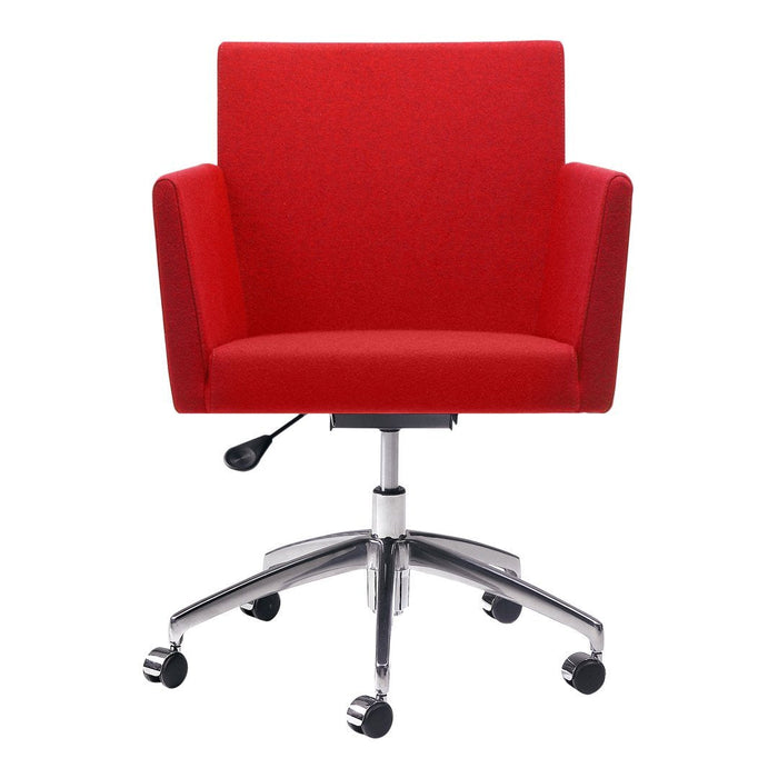 Bright red upholstered office chair with a sleek chrome base and rolling wheels, featuring a modern, minimalist design.