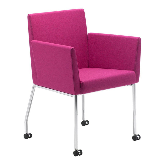 Fuchsia upholstered chair with chrome legs, modern design, perfect for home or office decor.